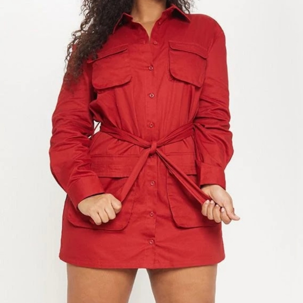 LAST CHANCE PLT Red Utility Cargo Shirt Dress Belted Button Down ❤️🔥